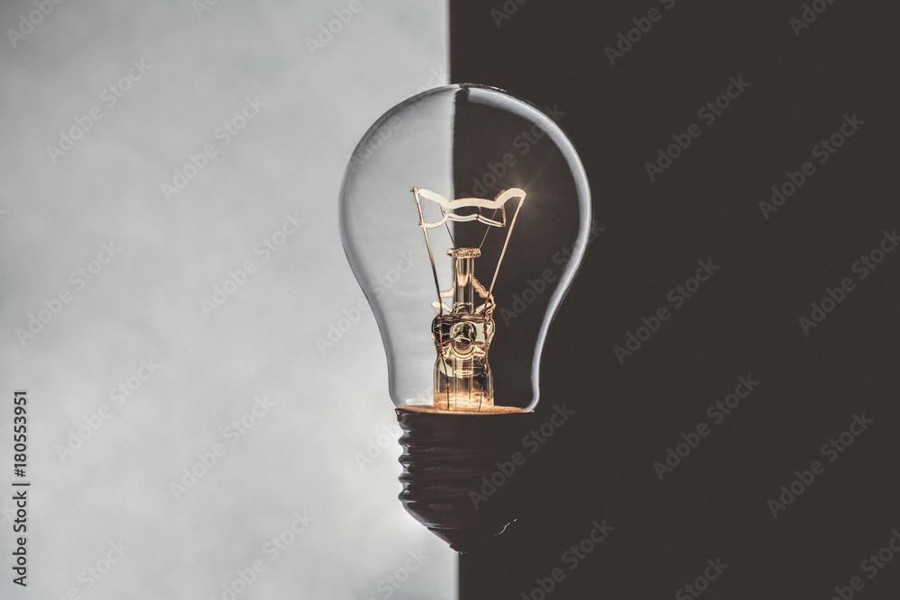 creative idea, the concept of struggle of opposing decisions, a glowing incandescent lamp