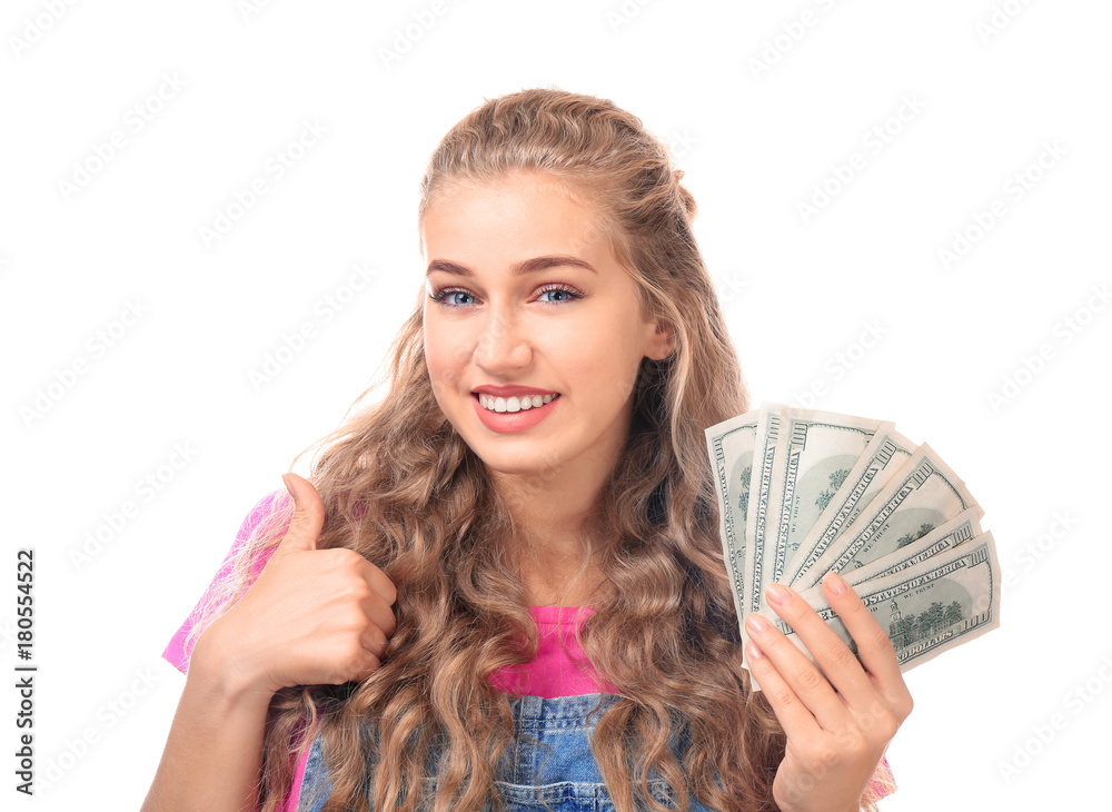 Young woman holding cash on white background Young woman holding cash on white background