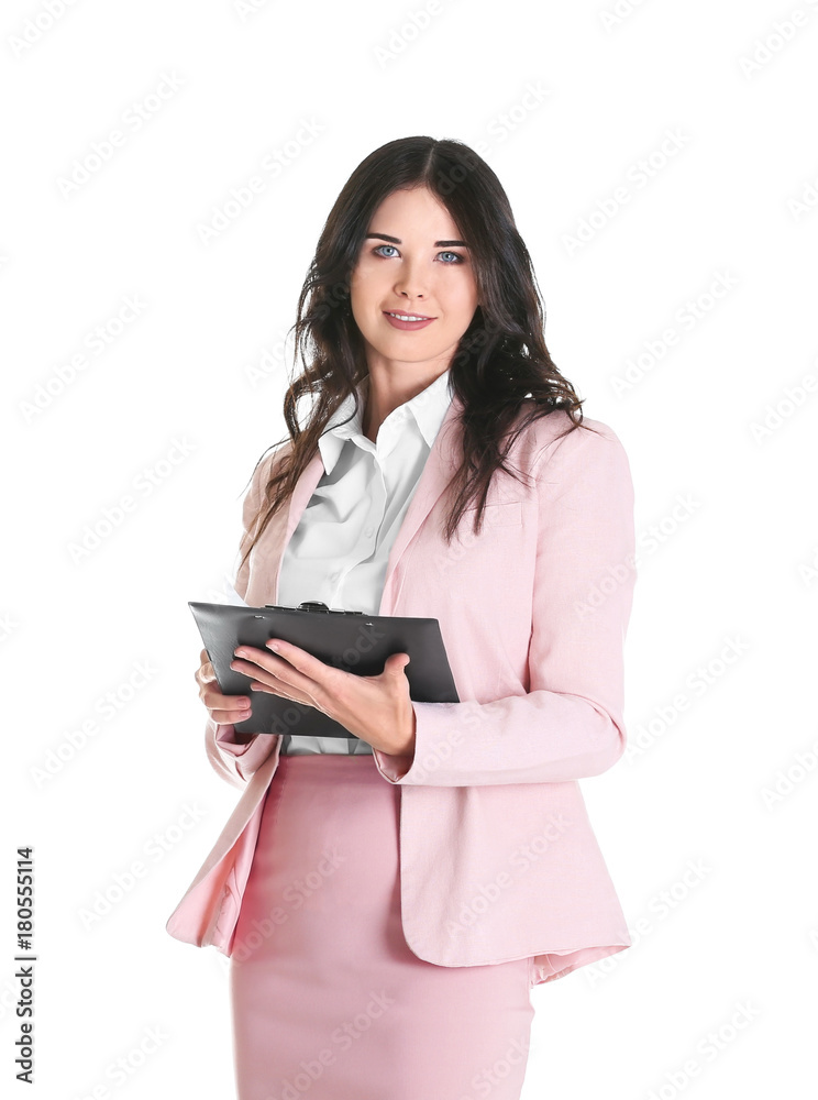 Young beautiful woman with clipboard on white background Young beautiful woman with clipboard on white background