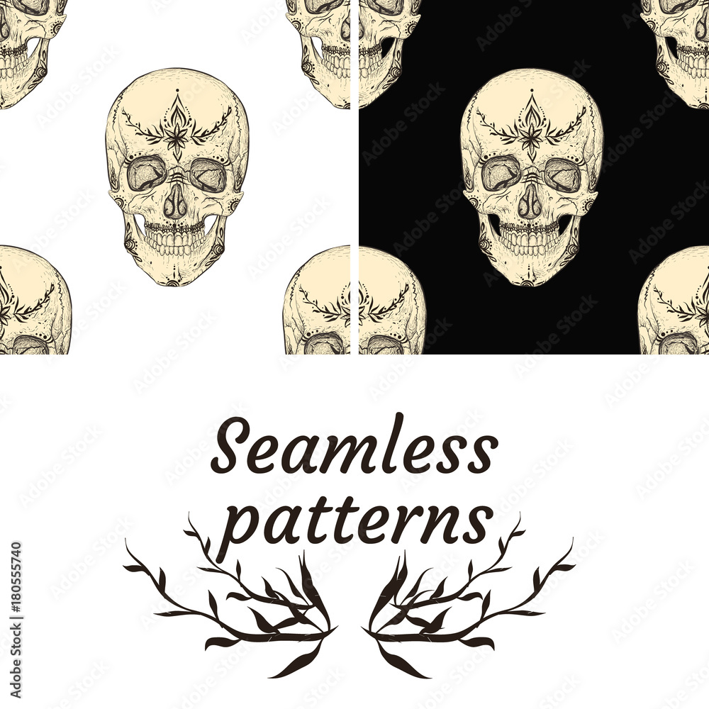 Skull and painting. Beautiful tattoos in Indian style. Seamless patterns