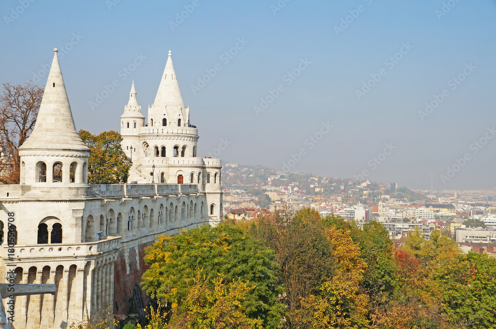 Medieval Budapest. Beautiful castle in Budapest. Autumn Budapest. Beautiful medieval buildings of Budapest drowning in autumn leaves.