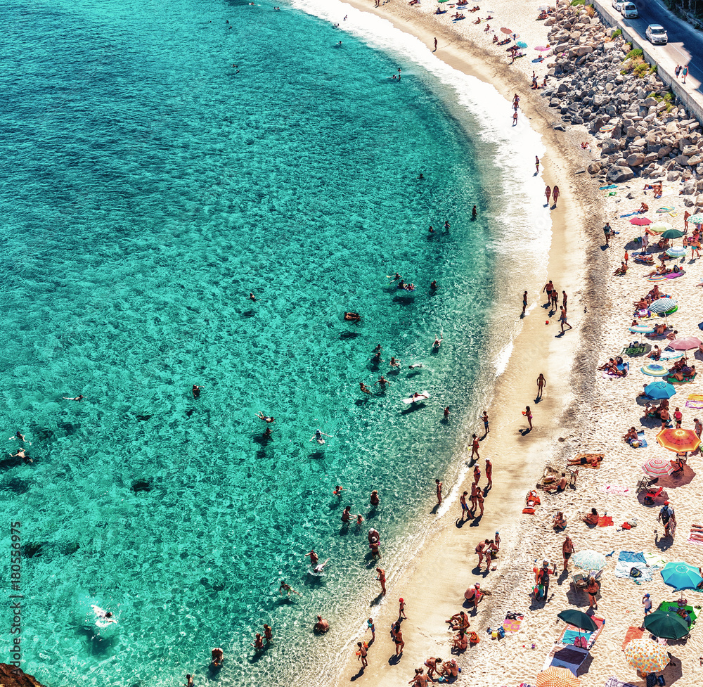 Overhead view of people at the beach, holiday concept in Tropea