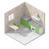 3d isometric rendering illustration of colored domestic kitchen