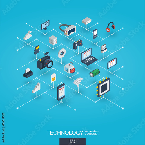 Technology integrated 3d web icons. Digital network isometric interact concept. Connected graphic design dot and line system. Background whith wireless printing and virtual reality. Vector Infograph