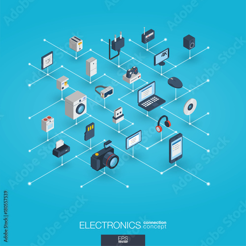 Electronics integrated 3d web icons. Digital network isometric interact concept. Connected graphic design dot and line system. Abstract background for technology, household gadgets. Vector Infograph