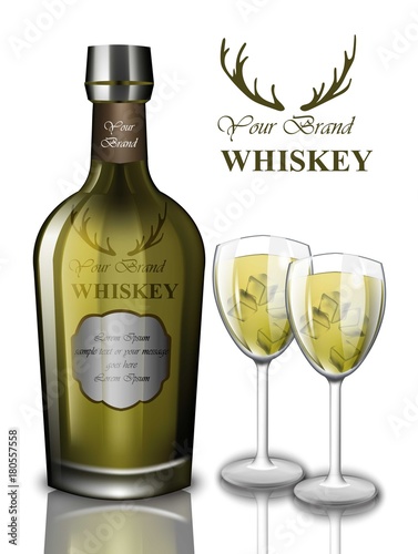 Green Whiskey cocktail mock up design. Product packaging, label bottle. Place...
