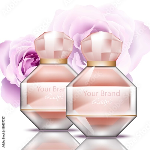 Rosewater perfume bottle realistic Vector. Product packaging for brands, advertise, commercials