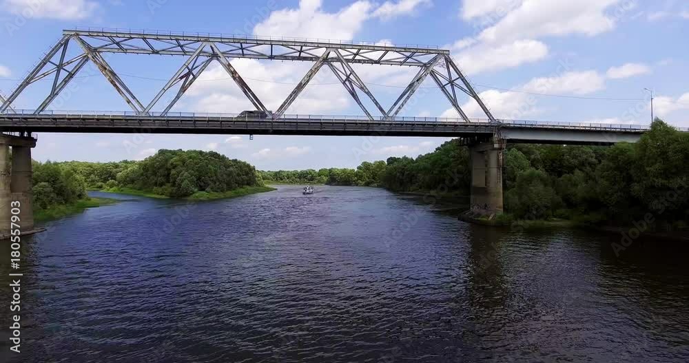 Aerial view of the desna river. Aerial view of the motor bridge across the river Aerial view of the desna river. Aerial view of the motor bridge across the river