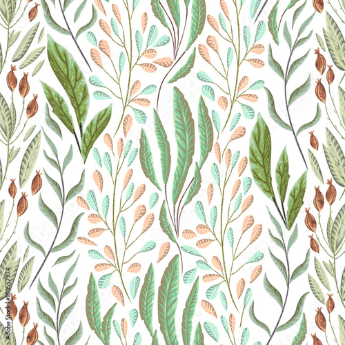Seamless pattern with marine plants, leaves and seaweed. Hand drawn marine flora in watercolor style. Vector illustration © kateja