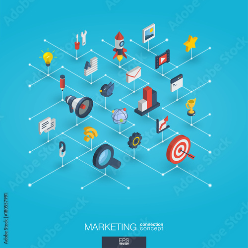 Market integrated 3d web icons. Digital network isometric interact concept. Connected graphic design dot and line system. Abstract background for seo optimization, web development. Vector Infograph