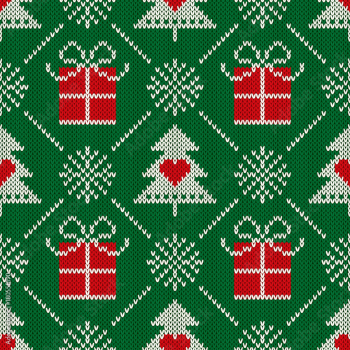 Christmas Seamless Knit Pattern with  Holiday Symbols: Christmas Trees, Snowflakes and Present Boxes. Scheme for Knitted Sweater Pattern Design or Cross Stitch Embroidery
