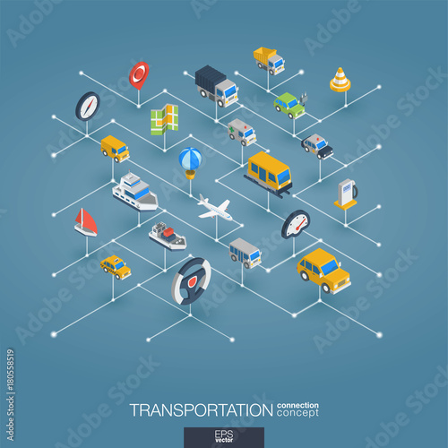 Fototapeta Naklejka Na Ścianę i Meble -  Transportation integrated 3d web icons. Digital network isometric interact concept. Connected graphic design dot and line system. Abstract background for traffic, navigation service. Vector Infograph