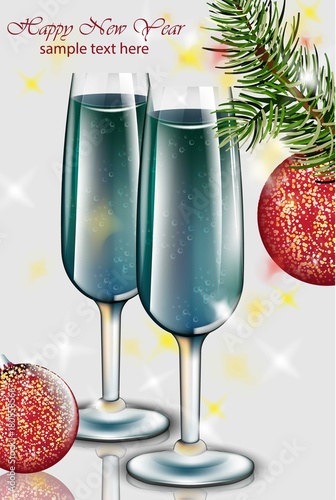 Blue champagne glasses New Year card. Happy holidays Vector