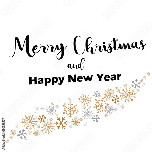 Merry Christmas lettering with golden and silver ornaments and wreath decoration of stars, snowflakes. happy new year