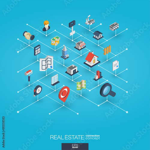 Real estate integrated 3d web icons. Digital network isometric interact concept. Connected graphic design dot and line system. Abstract background for apartment rent, property sale. Vector Infograph