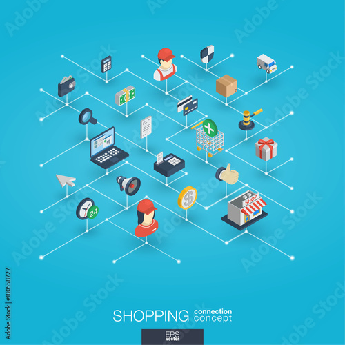 Shopping integrated 3d web icons. Digital network isometric interact concept. Connected graphic design dot and line system. Abstract background for ecommerce, market and online sales. Vector Infograph