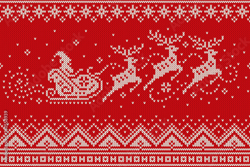 Santa Claus Rides Reindeer Sleigh Silhouette. Christmas Seamless Knitted Pattern. Knitting Wool Sweater Design