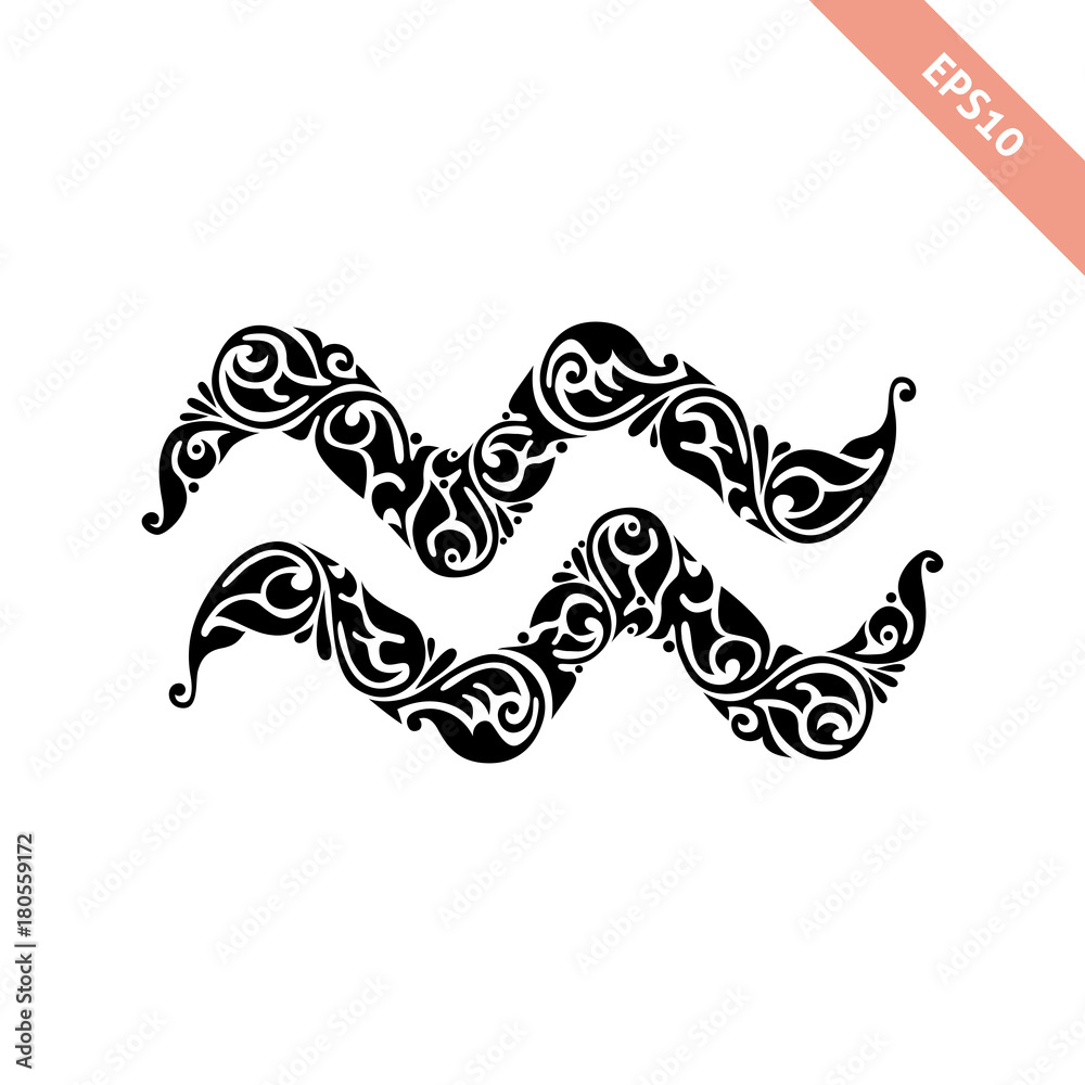 Hand drawn black ornate horoscope symbol - Aquarius. Zodiac icon. Hand drawn black ornate horoscope symbol - Aquarius. Zodiac icon.