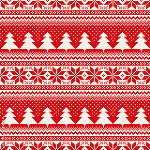 Winter Holiday Seamless Pixel Pattern with Christmas Tree and Snowflakes. Scheme for Cross Stitch Embroidery and Knitted Sweater Pattern Design
