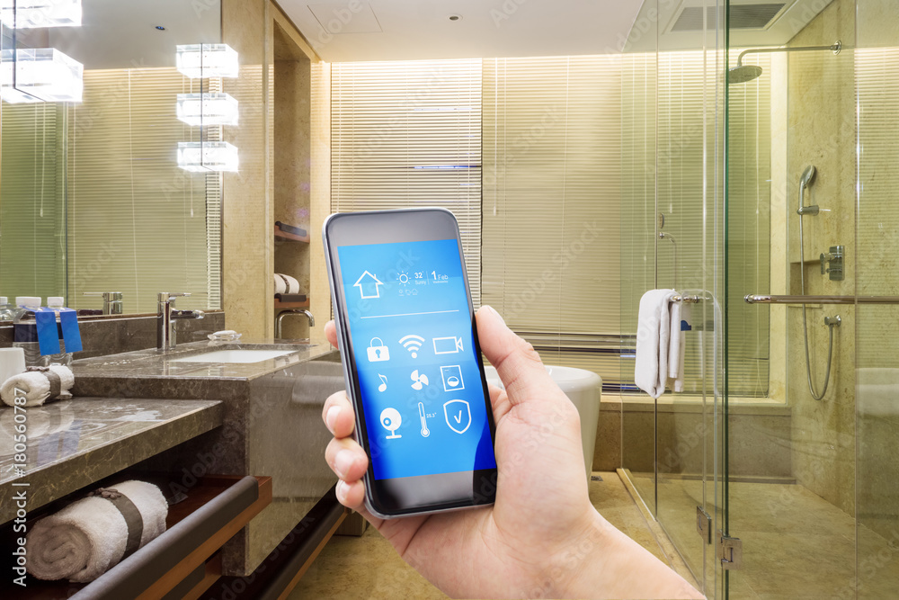 smart phone with smart home with modern bathroom smart phone with smart home with modern bathroom