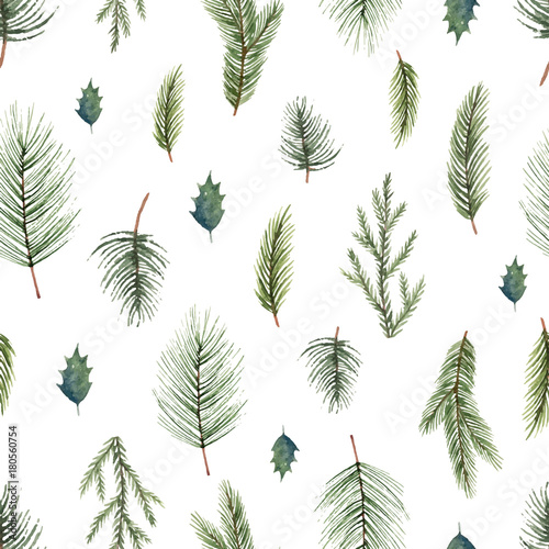 Watercolor vector Christmas seamless pattern with fir branches.