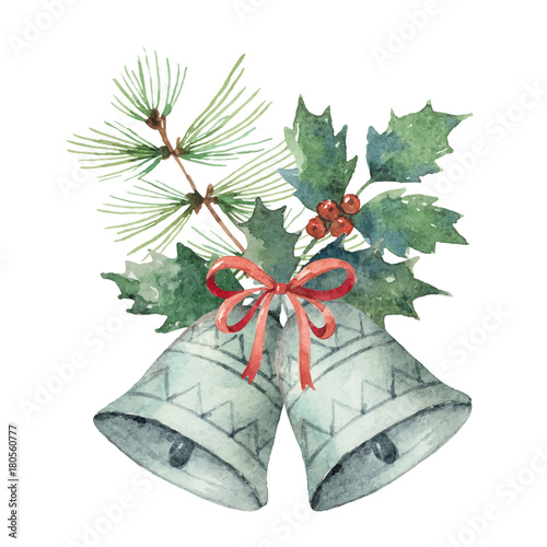 Watercolor Christmas vector bouquet with bell and fir branches.