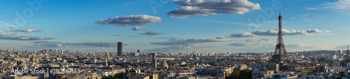 panorama of famous Eiffel Tower and Paris roofs, Paris France