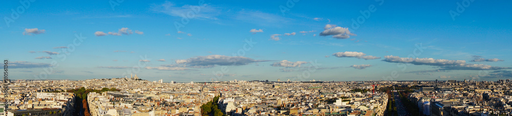 panorama of Paris with Mont Matre hill and Champs Elysees street, Paris France