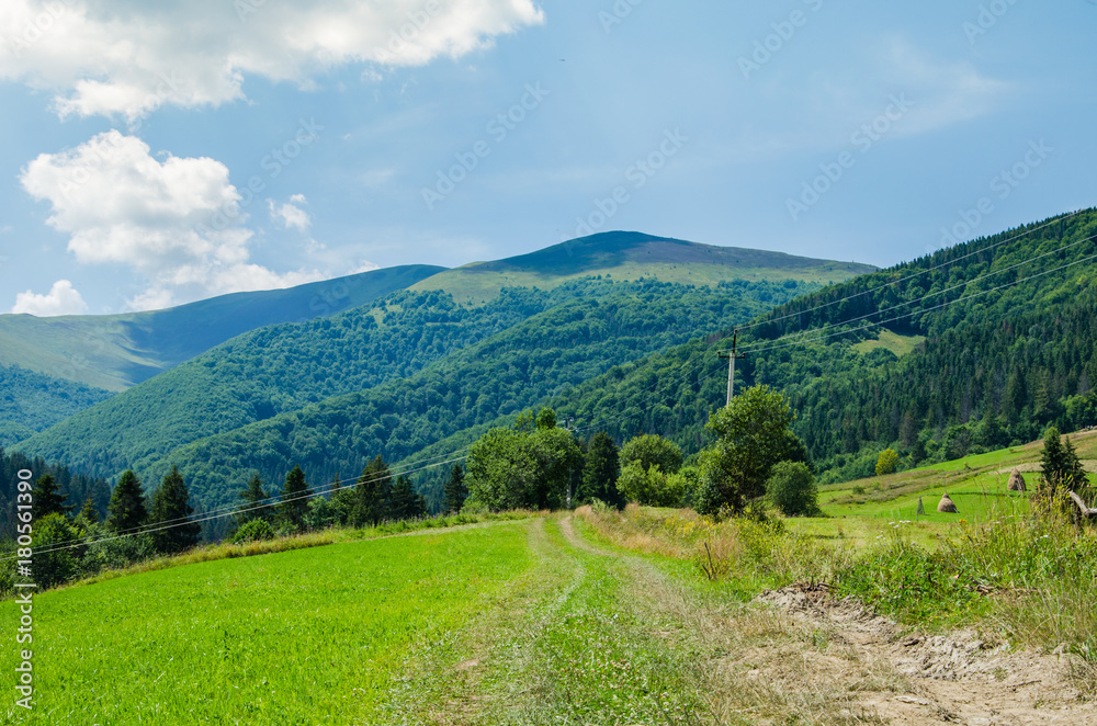 Road in the background of beautiful Carpathian mountains. Summer season