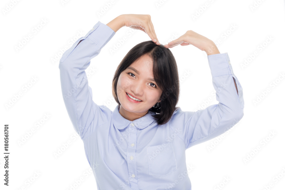 portrait of a beautiful asian woman smiling and showing love sign hand. Isolated on white background portrait of a beautiful asian woman smiling and showing love sign hand. Isolated on white background