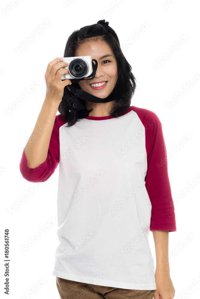 Portrait of a young asian woman traveler photography hipster with camera. Isolated on white background Portrait of a young asian woman traveler photography hipster with camera. Isolated on white background