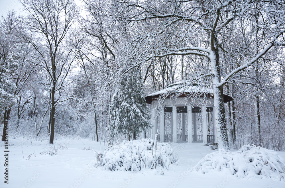 Naklejka premium Ancient gazebo in the winter park
