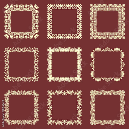 Set of square vintage frames isolated background. Vector design elements that can be cut with a laser. A set of frames made of decorative lace borders.