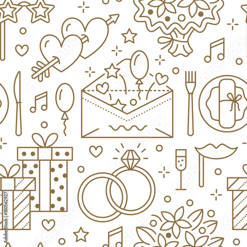 Wedding party seamless pattern, flat line illustration. Vector icons of event agency, organization - rings, balloons, gifts, invitation, flowers. Cute repeated background.