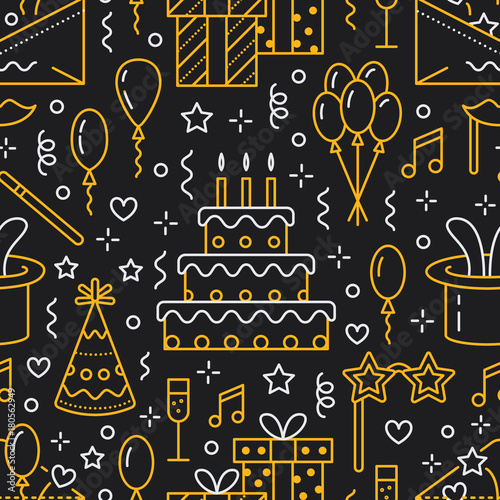 Birthday party seamless pattern, flat line illustration. Vector icons of event agency, wedding organization - cake, balloons, gifts, invitation, kids entertainment. Dark repeated background.