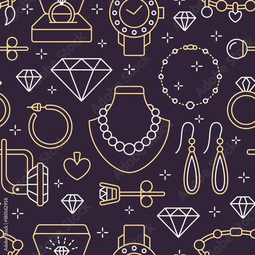 Jewelry seamless pattern, line illustration. Vector icons of jewels accessories - gold engagement rings, diamond, pearl necklaces, charms, watches. Fashion store dark repeated background.
