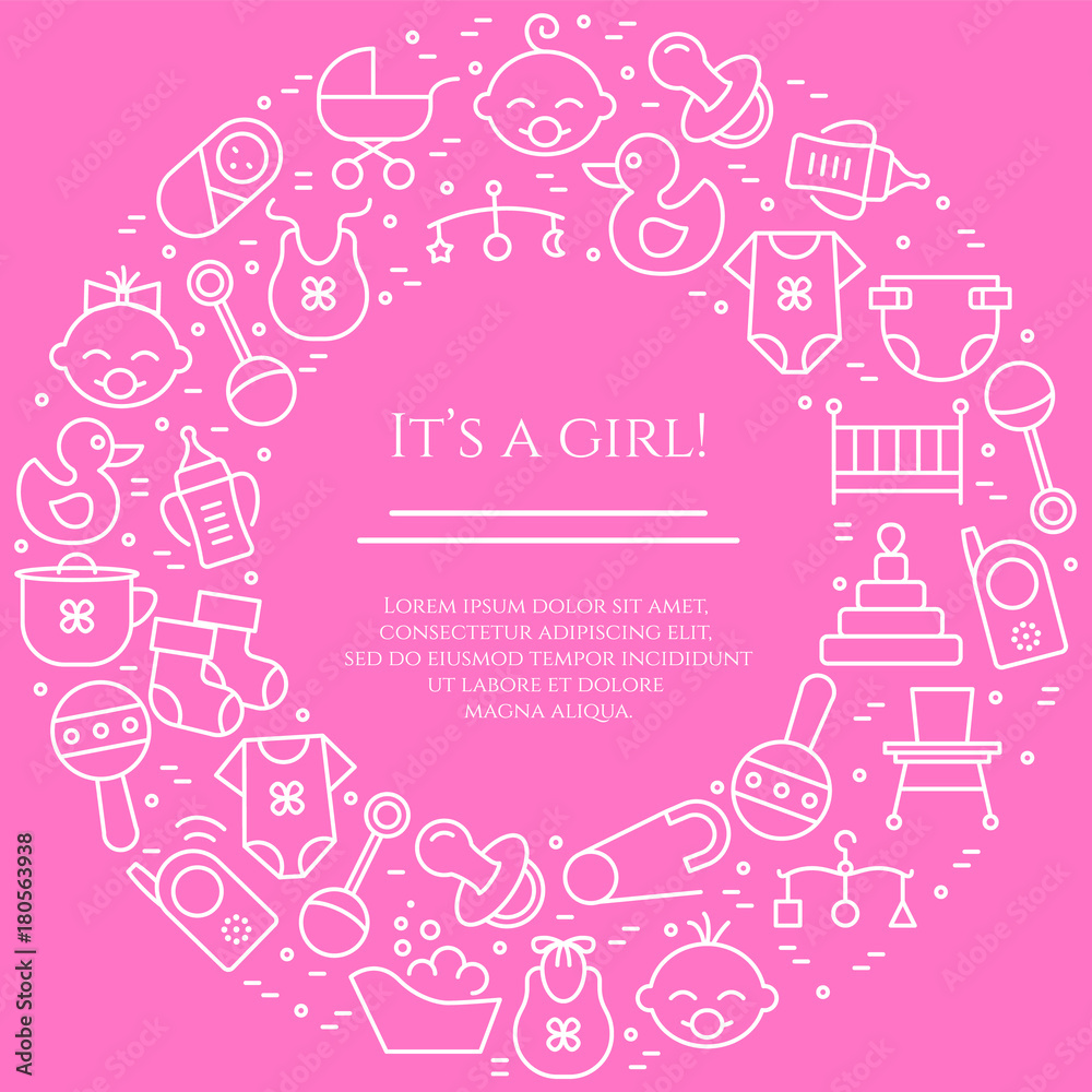 Baby theme horizontal banner. Pictograms of baby, pram, crib, mobile, toys, rattle, bottle, diaper, bathtub, cloth, bib and other newborn related elements. Line out symbols Baby theme horizontal banner. Pictograms of baby, pram, crib, mobile, toys, rattle, bottle, diaper, bathtub, cloth, bib and other newborn related elements. Line out symbols