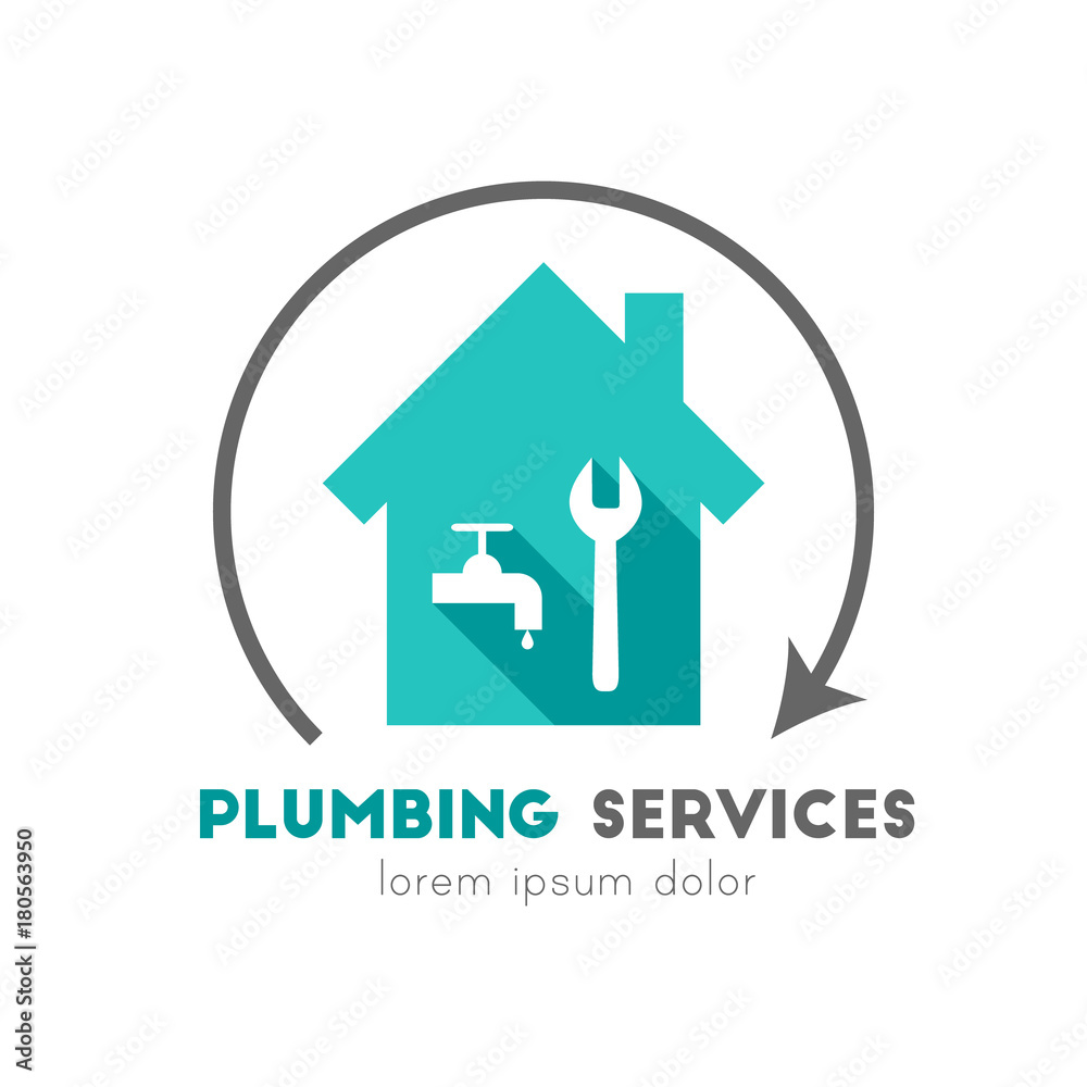 Plumbing service logo concept with house, water tap and wrench icon in flat design