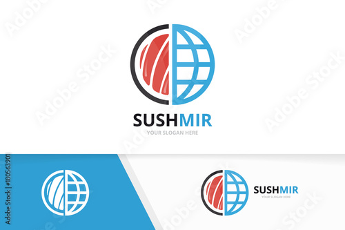Vector sushi and planet logo combination. Japanese food and world symbol or icon. Unique seafood and globe logotype design template.