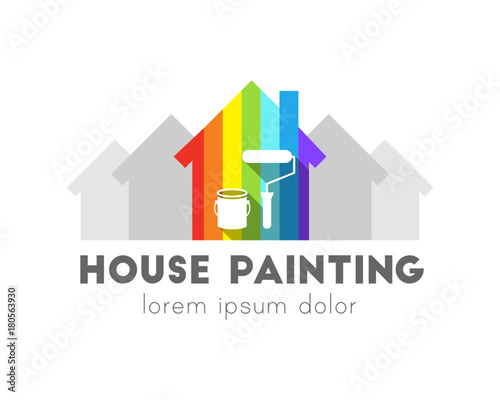 House painting concept with colorful house in front of gray ones. Can and paint roller icons.