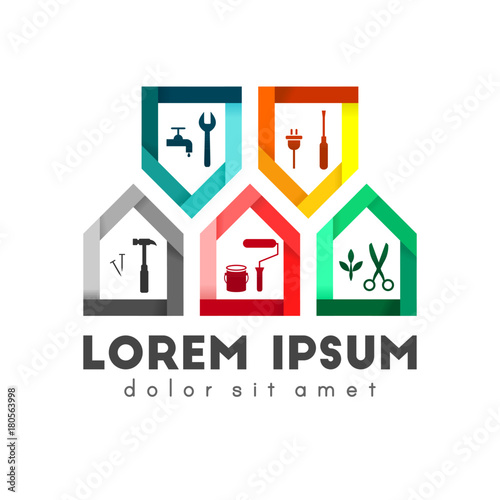Building and facility management concept with work tool icons. House set made of colorful stripes as unique design element.