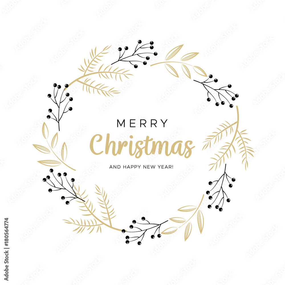 Fototapeta Christmas wreath with black and gold branches. Unique design for your greeting cards, banners, flyers. Vector illustration in modern style.