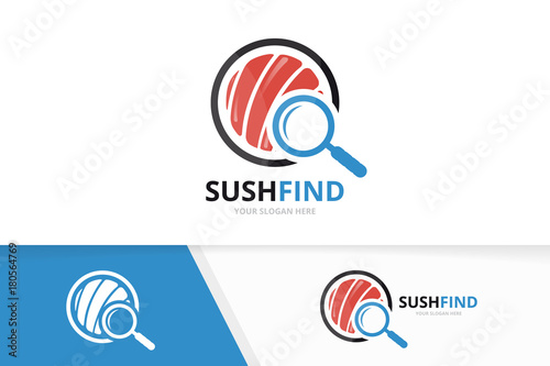 Vector sushi and loupe logo combination. Japanese food and magnifying symbol or icon. Unique seafood and search logotype design template.
