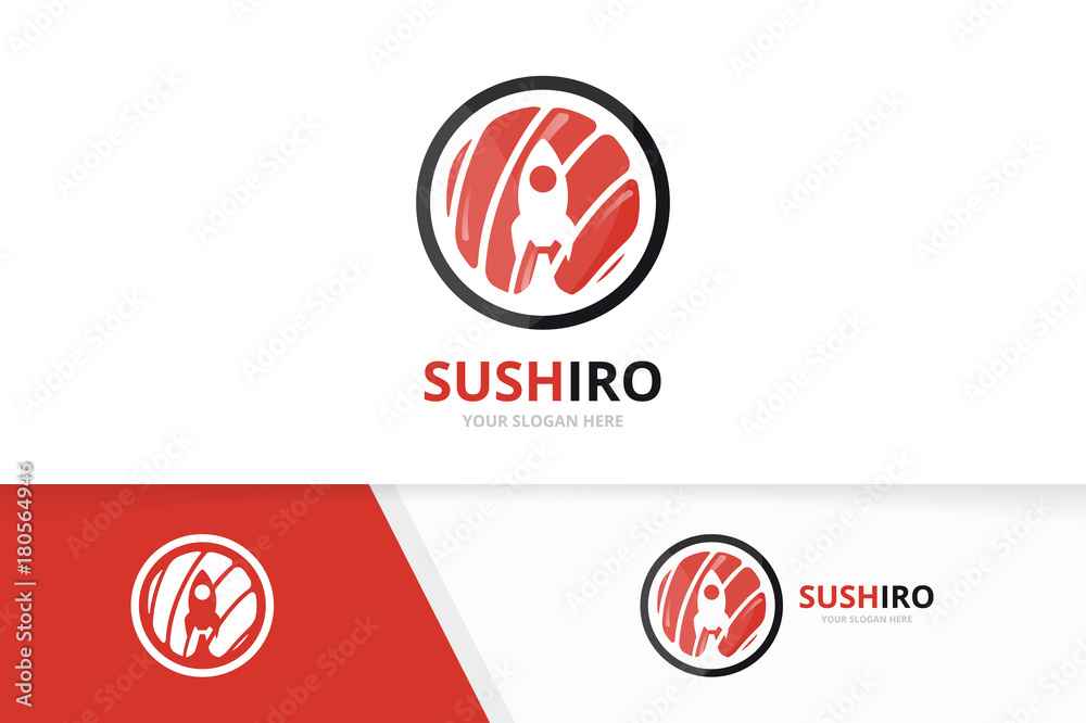 Vector sushi and rocket logo combination. Japanese food and airplane symbol or icon. Unique seafood and flight logotype design template. Vector sushi and rocket logo combination. Japanese food and airplane symbol or icon. Unique seafood and flight logotype design template.