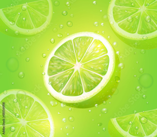 Lime juice green background. Refreshing citrus drink with bubbles and drops. Mojito vector cocktail