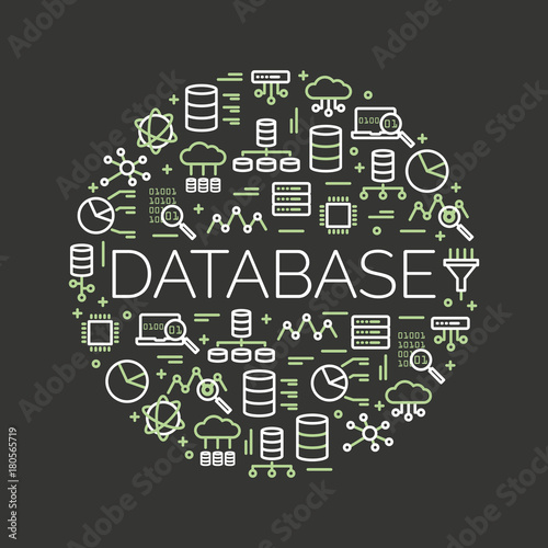 The word Database surrounded by icons of big data, cloud computing, server, network… Vector background illustration.