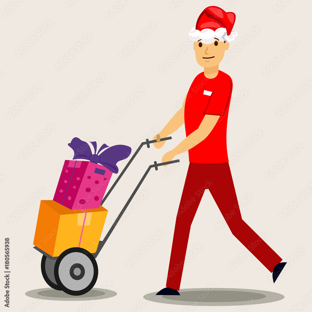 Delivery man in a red Santa hat and gift box. Vector Christmas illustration isolated on background. Delivery man in a red Santa hat and gift box. Vector Christmas illustration isolated on background.