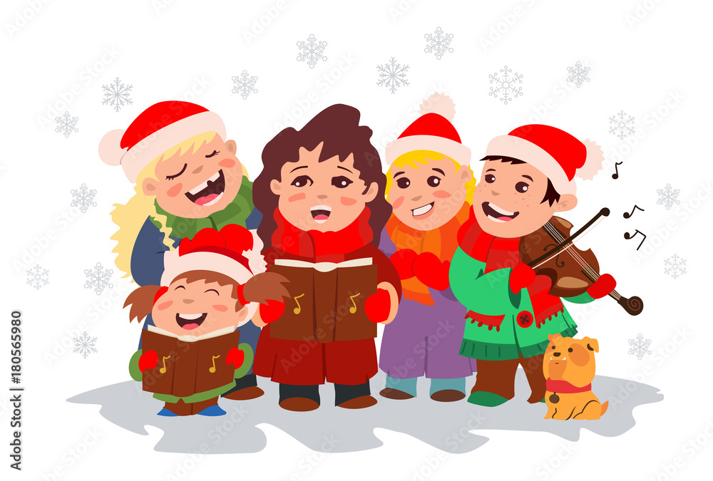 Christmas Caroling. Children choir singing carols and boy playing