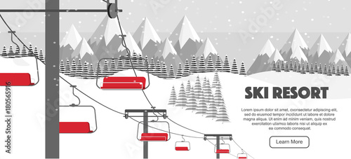 Ski resort, lift flat vector illustration. Winter activities promo, vector illustration. Swiss Alps, ski hills, winter web banner design. Alps, fir trees, mountains wide panoramic background.