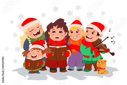 Christmas Caroling. Children choir singing carols and boy playing violin. Vector cartoon illustration with kids and snowflakes on a white background.